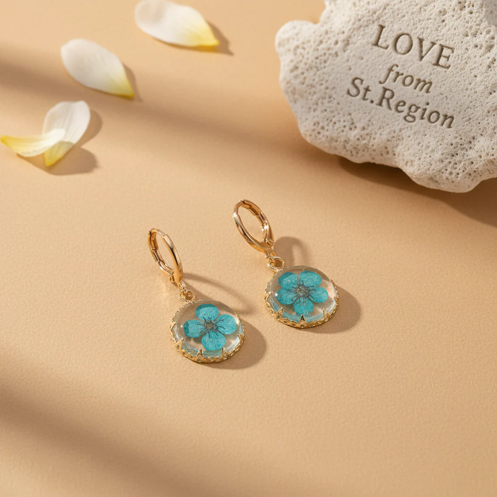 Light Blue Pressed Flower & Goldtone Round Huggie Earrings - Image 4