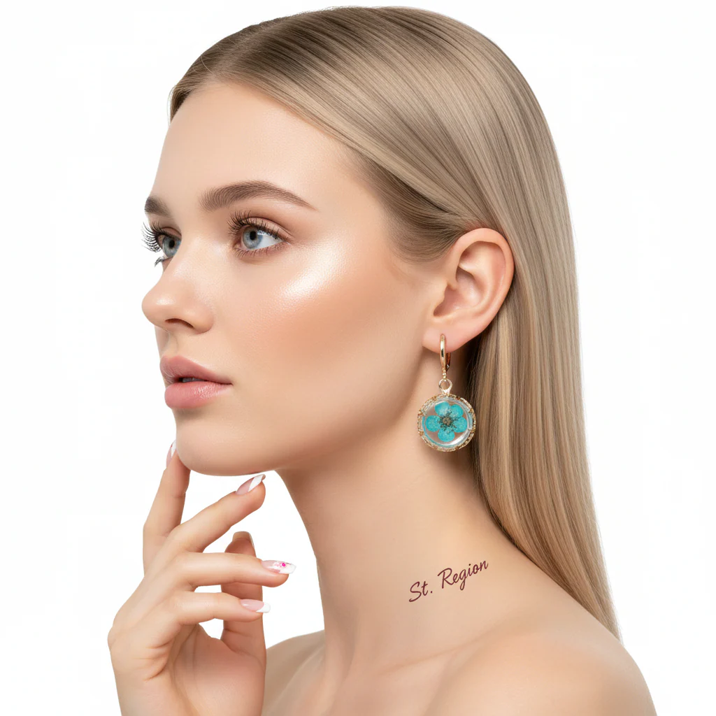Light Blue Pressed Flower & Goldtone Round Huggie Earrings - Image 5
