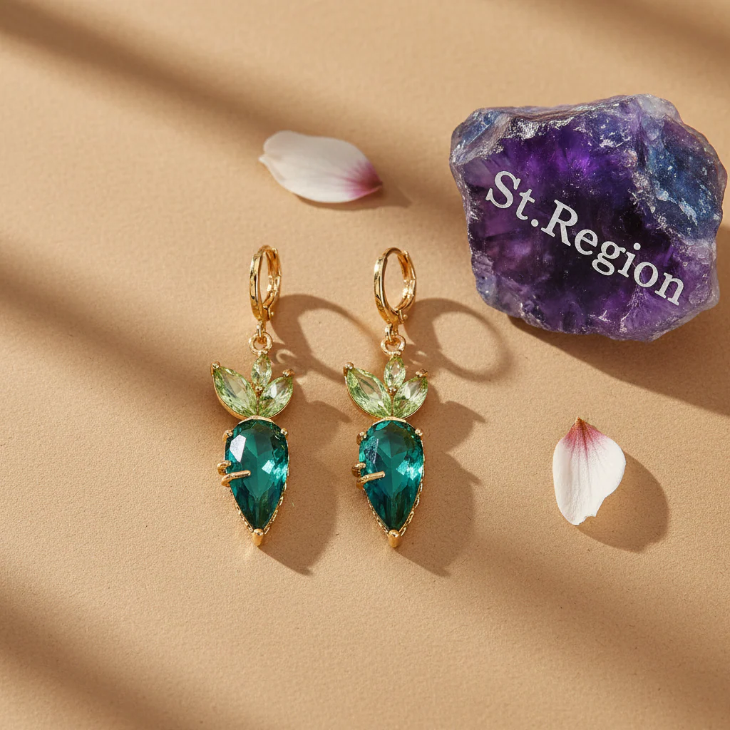 Green Crystal & Goldtone Carrot Huggie Earrings - Image 3