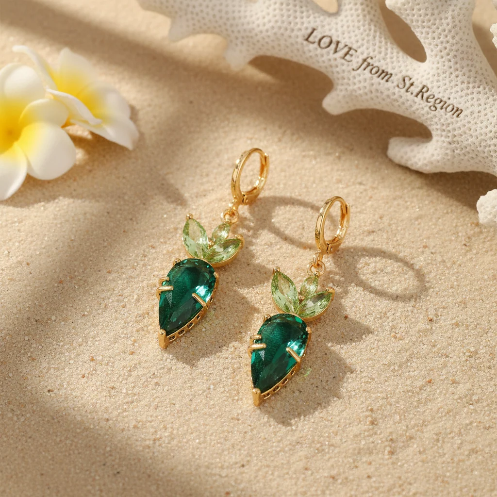 Green Crystal & Goldtone Carrot Huggie Earrings - Image 4