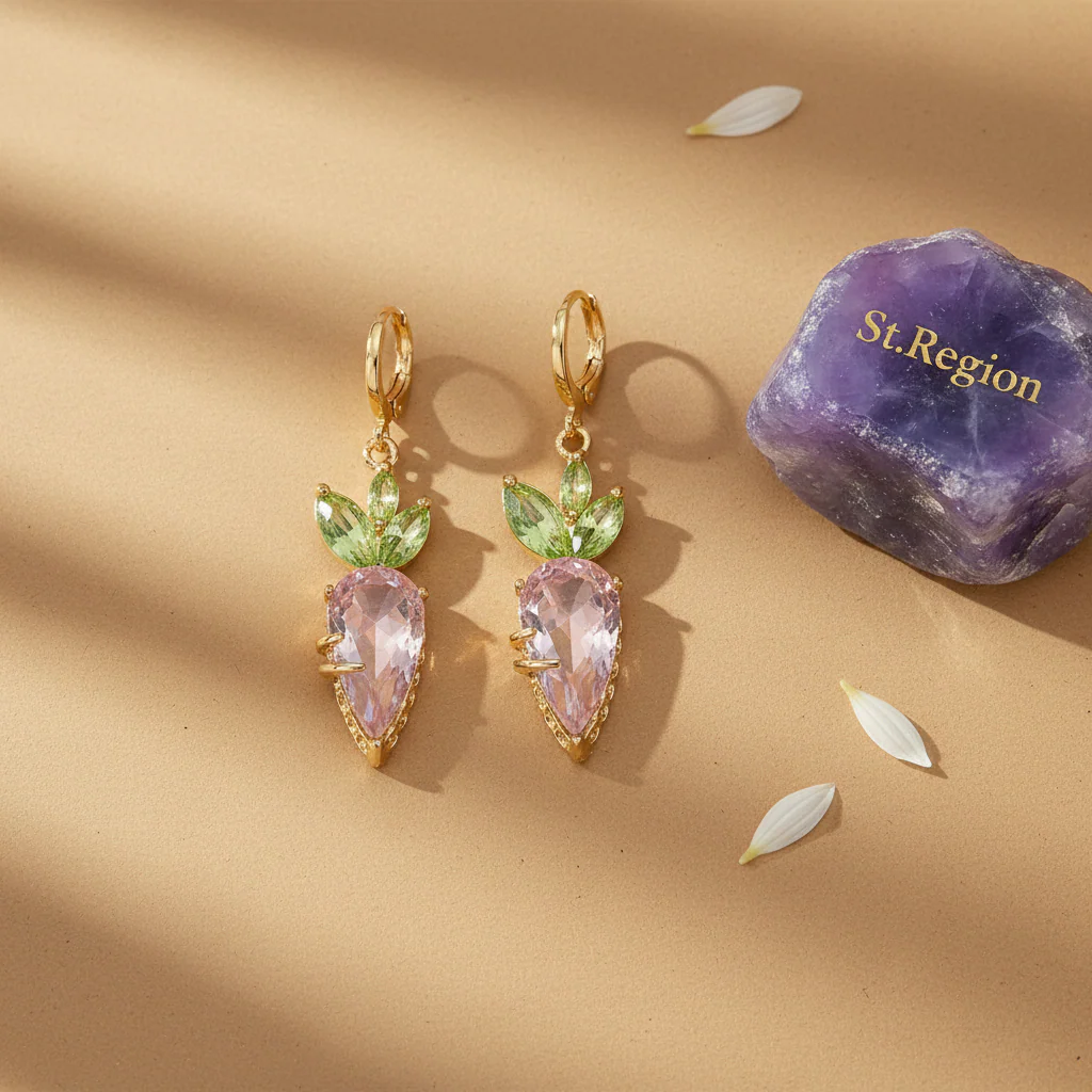 Pink Crystal & Goldtone Carrot Huggie Earrings - Image 3