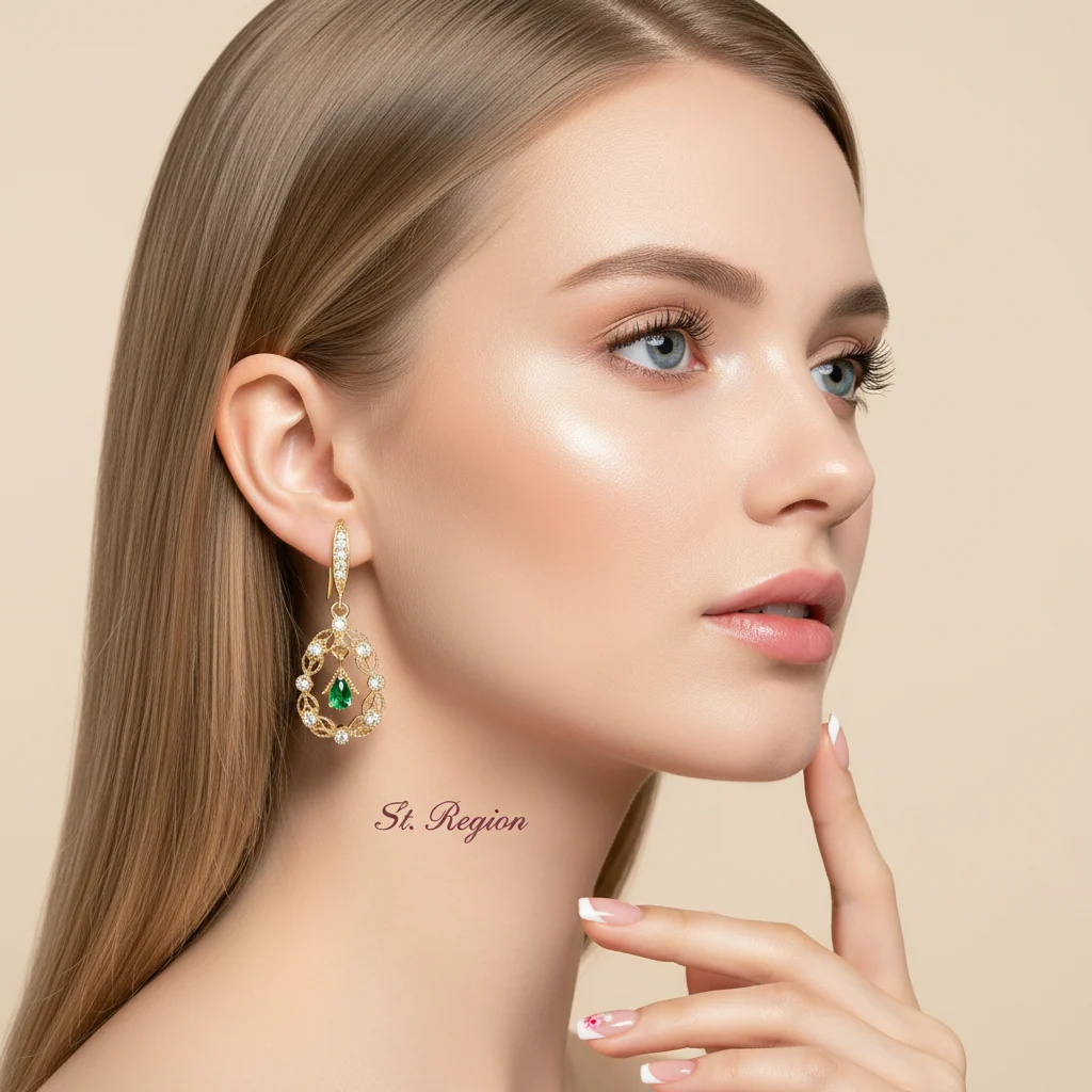 Green Crystal & Cubic Zirconia Goldtone Rattan Drop Hook Earrings - Image 5