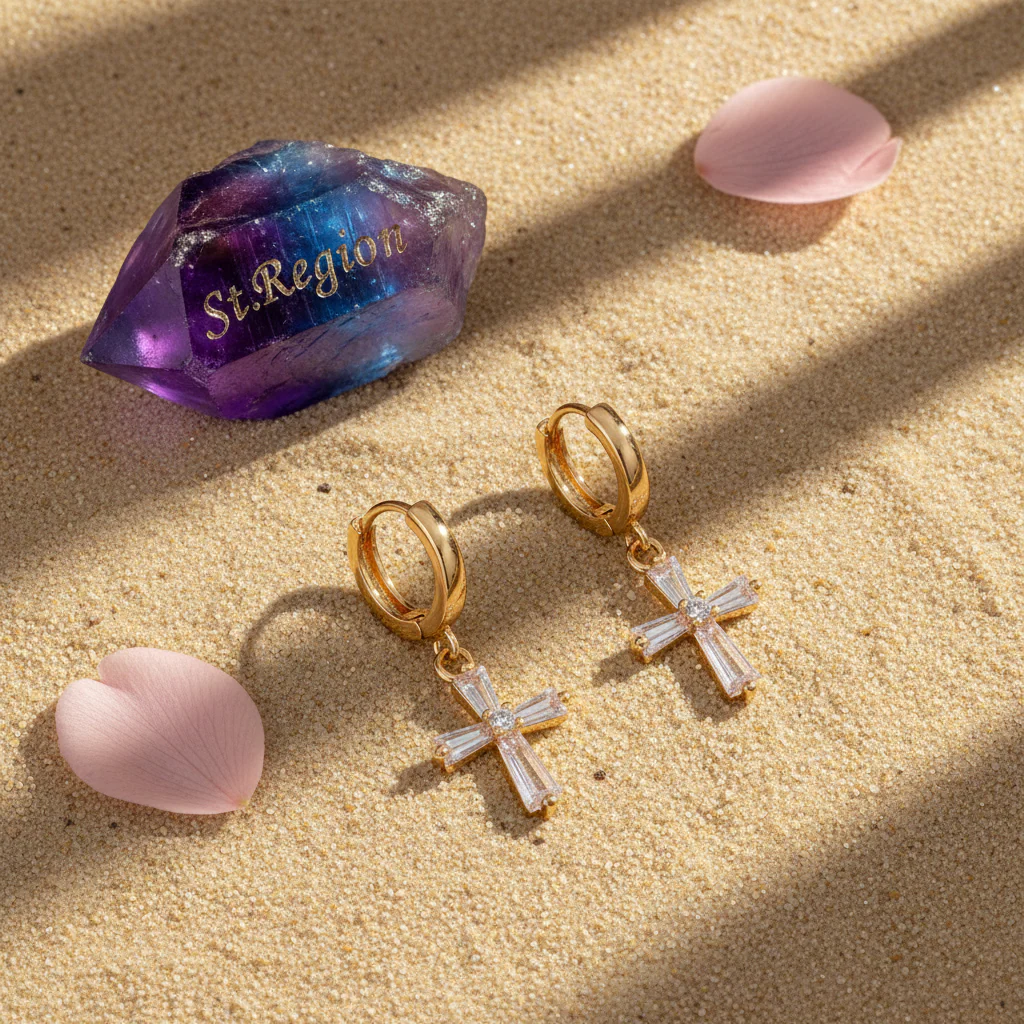 Cubic Zirconia & Goldtone Cross Huggie Earrings - Image 3