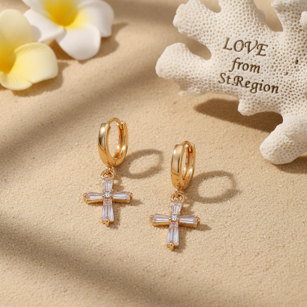 Cubic Zirconia & Goldtone Cross Huggie Earrings - Image 4