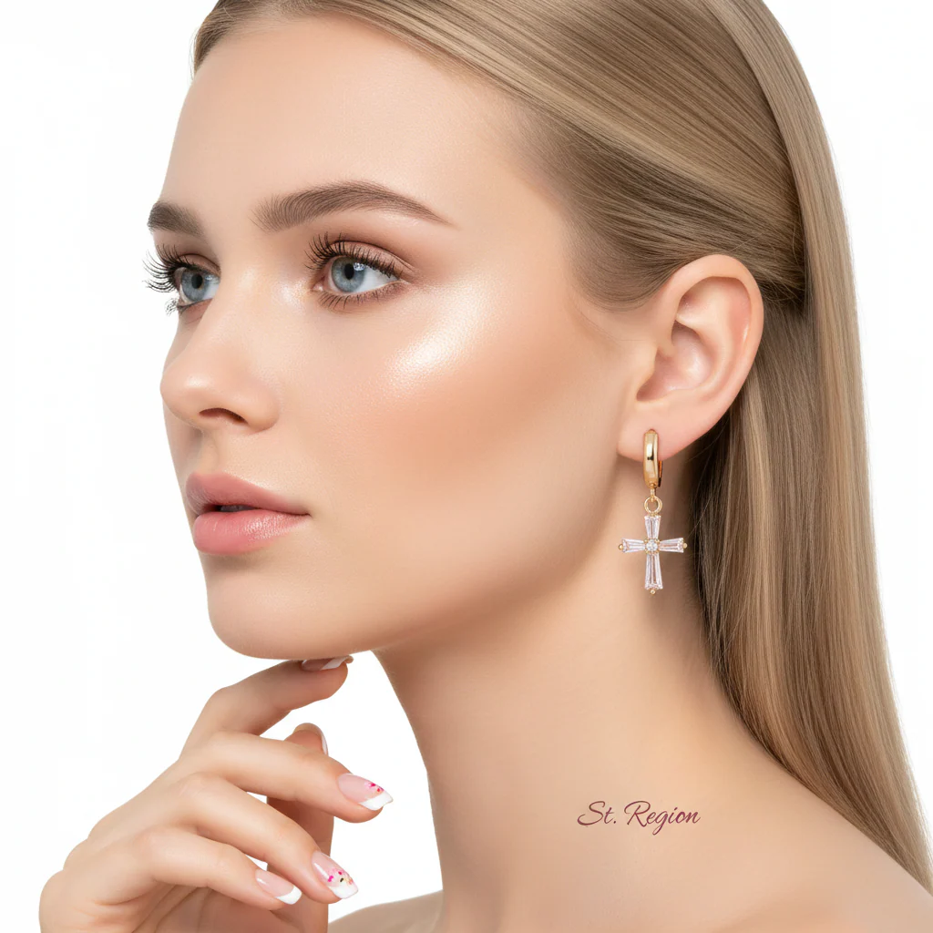 Cubic Zirconia & Goldtone Cross Huggie Earrings - Image 5