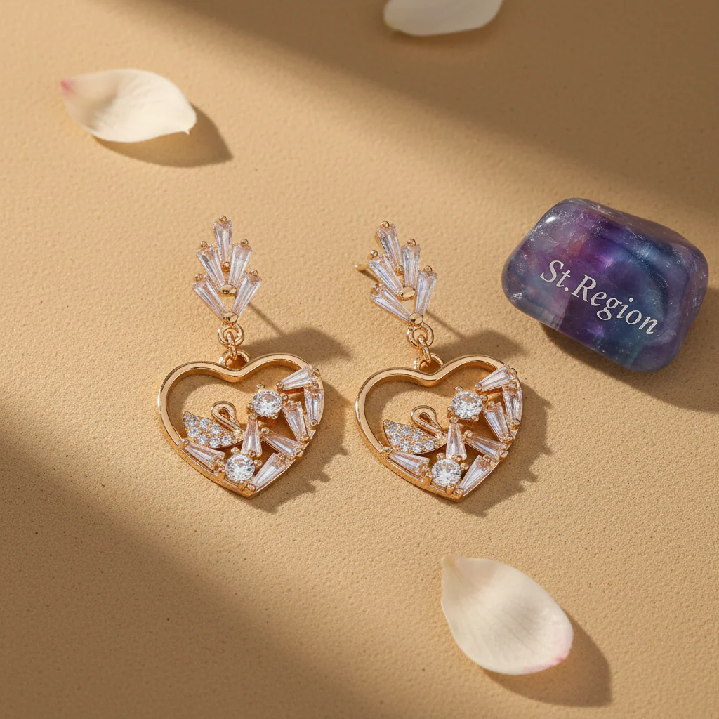 Cubic Zirconia & Goldtone Swan Heart Dangle Earrings - Image 3