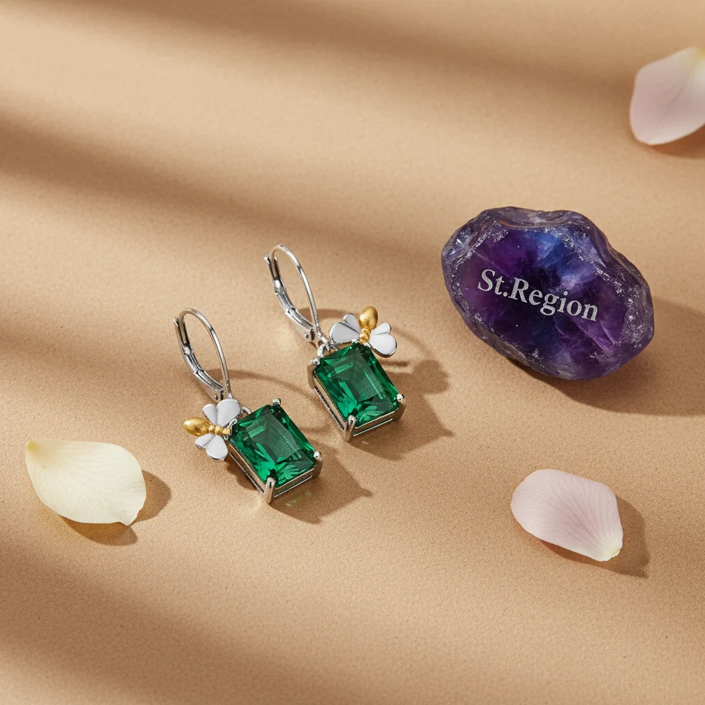 Green Crystal & Two Tone Sqaure Bee Huggie Earrings - Image 3