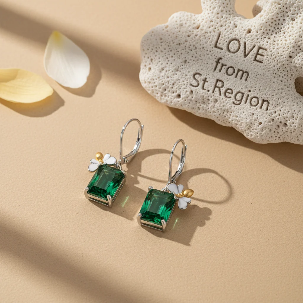 Green Crystal & Two Tone Sqaure Bee Huggie Earrings - Image 4