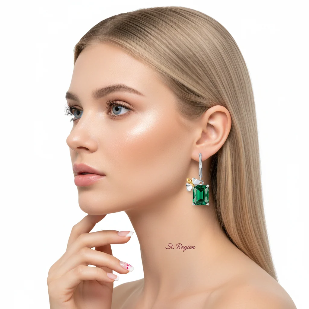 Green Crystal & Two Tone Sqaure Bee Huggie Earrings - Image 5