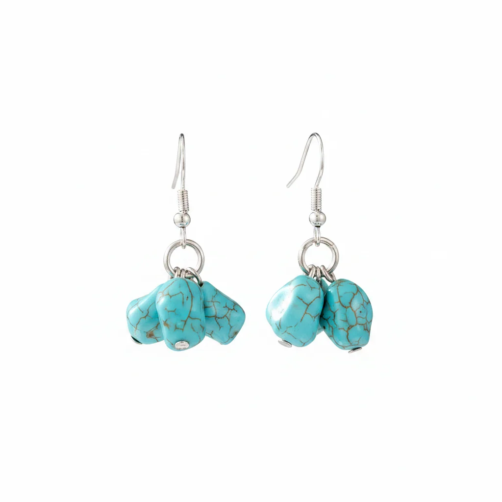 Turqouise & Silvertone Cube Cluster Hook Earrings