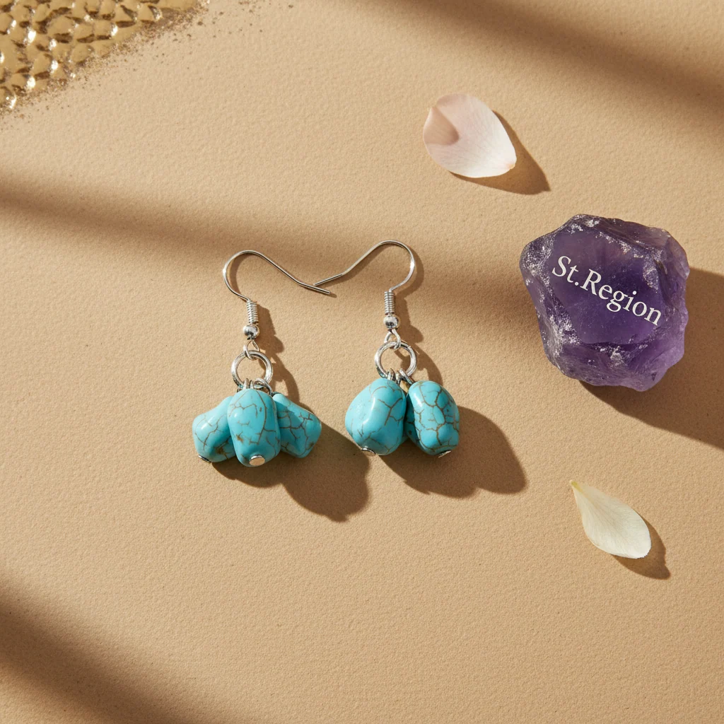 Turqouise & Silvertone Cube Cluster Hook Earrings - Image 3