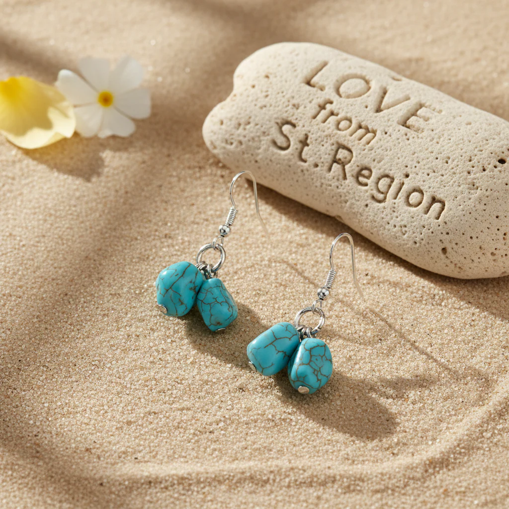 Turqouise & Silvertone Cube Cluster Hook Earrings - Image 4