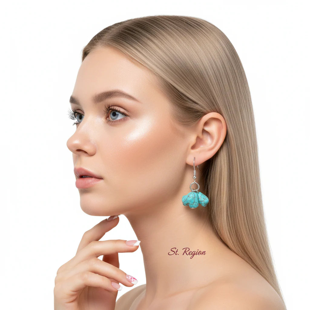 Turqouise & Silvertone Cube Cluster Hook Earrings - Image 5