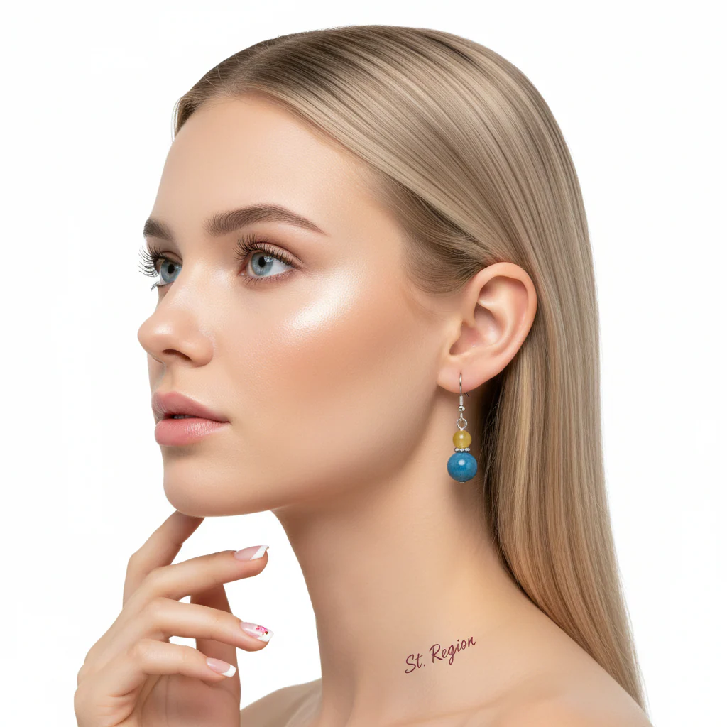 Yellow & Blue Jade Silvertone Gourd-Shape Hook Earrings - Image 5