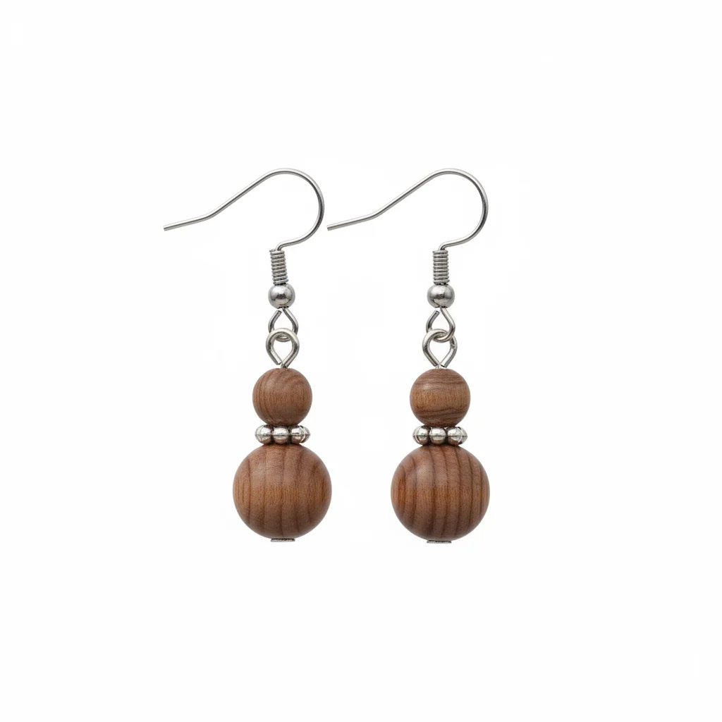 Wood & Silvertone Gourd-Shape Hook Earrings