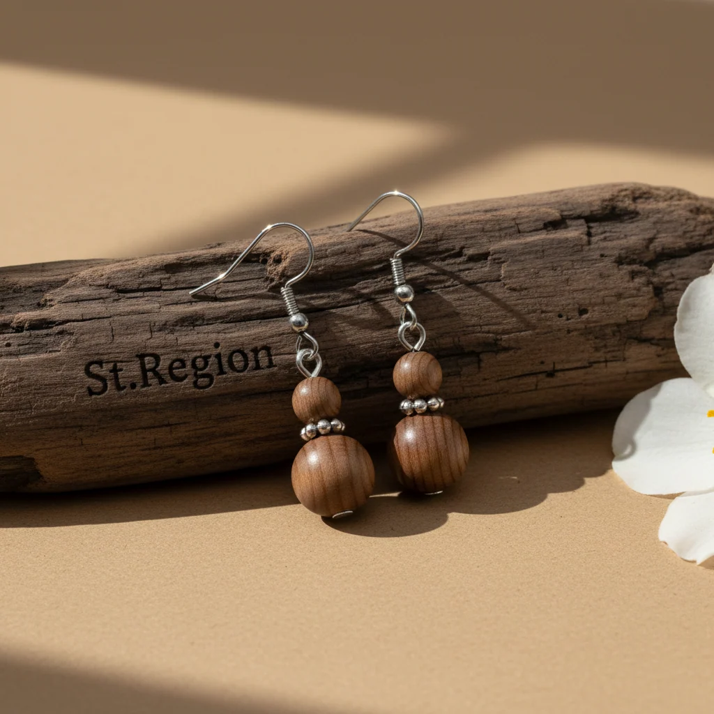Wood & Silvertone Gourd-Shape Hook Earrings - Image 2