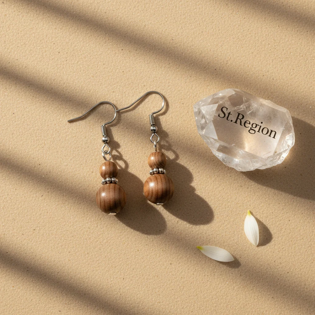 Wood & Silvertone Gourd-Shape Hook Earrings - Image 3