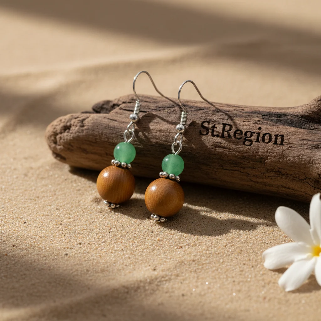 Green Jade & Brown Wood Silvertone Gourd-Shape Hook Earrings - Image 2