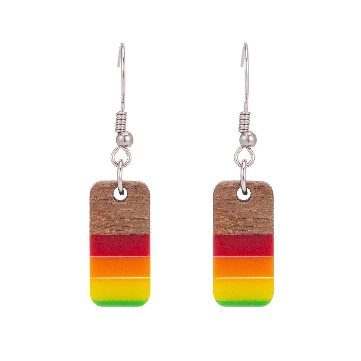 Multi-Colored Resin & Wood Silvertone Stripped Rectangle Hook Earrings