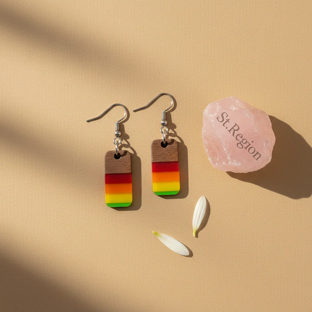 Multi-Colored Resin & Wood Silvertone Stripped Rectangle Hook Earrings - Image 3