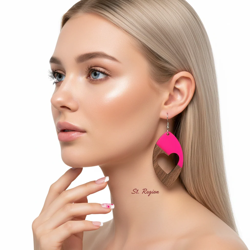 Rose Resin & Wood Silvertone Heart Leaf Hook Earrings - Image 5