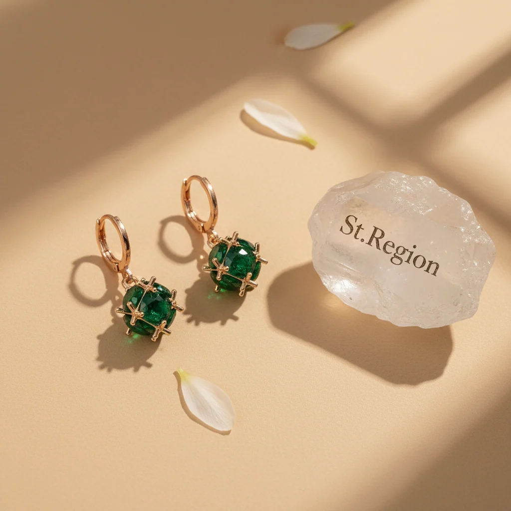 Green Crystal & Goldtone Ball Huggie Earrings - Image 3