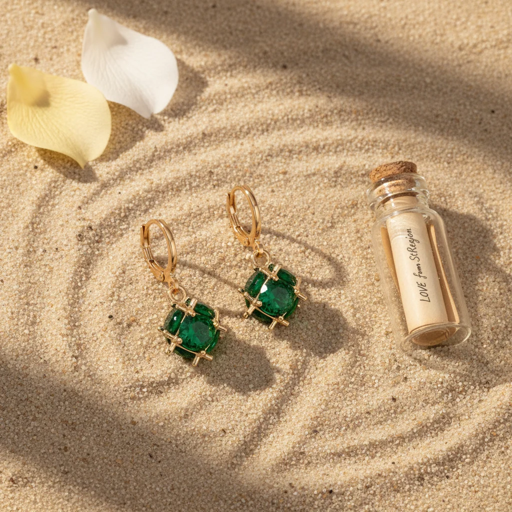 Green Crystal & Goldtone Ball Huggie Earrings - Image 4