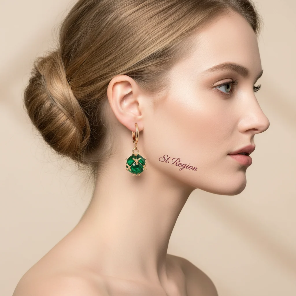 Green Crystal & Goldtone Ball Huggie Earrings - Image 5