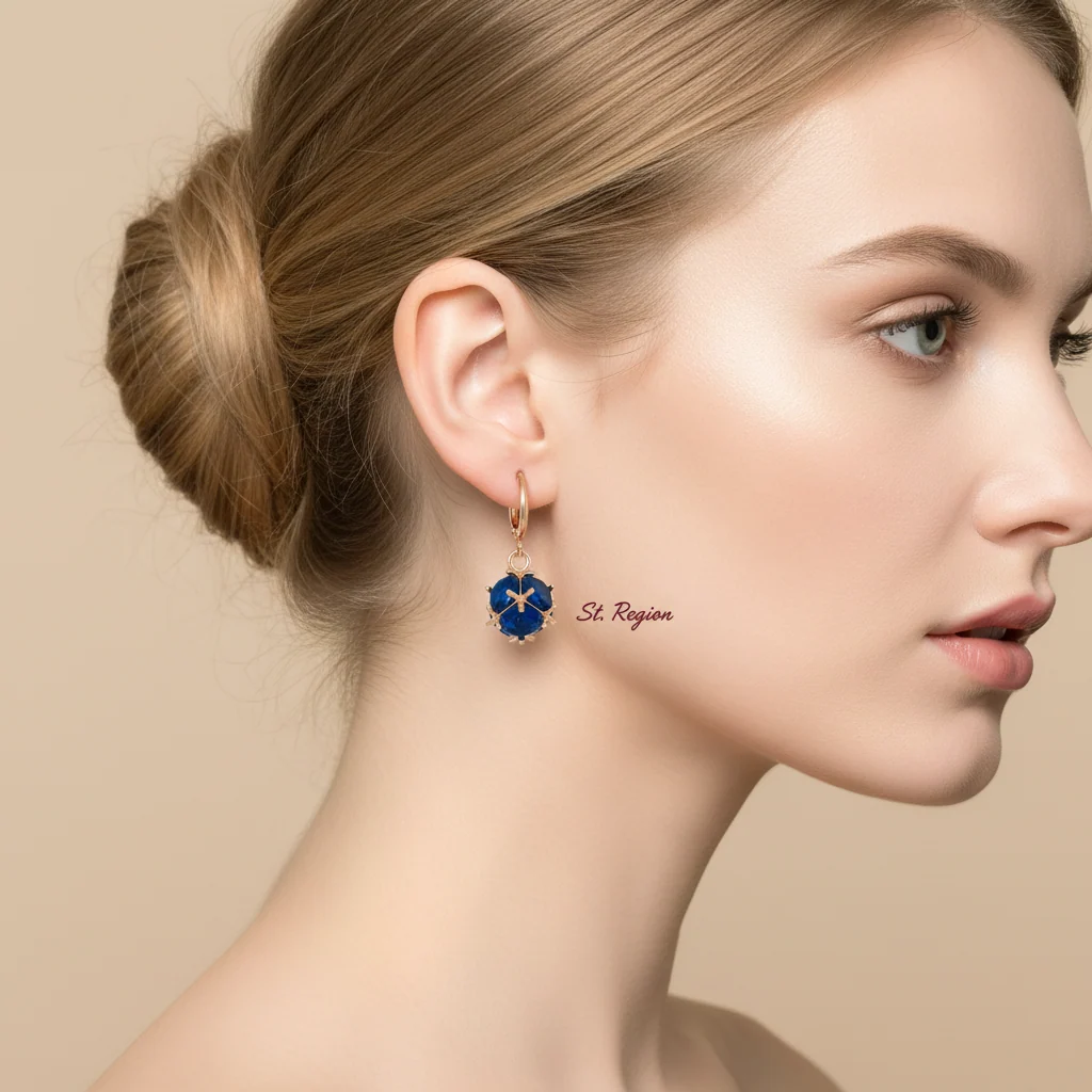 Blue Crystal & Goldtone Ball Huggie Earrings - Image 5