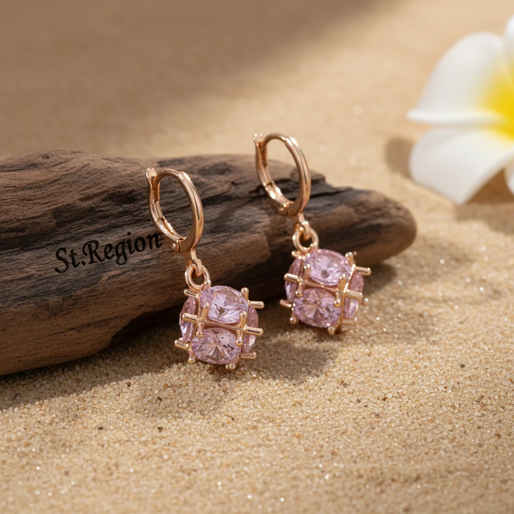Pink Crystal & Goldtone Ball Huggie Earrings - Image 2