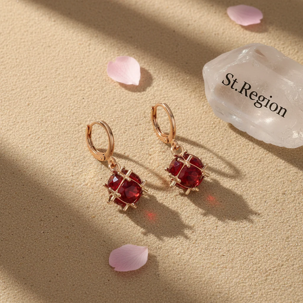 Red Crystal & Goldtone Ball Huggie Earrings - Image 3
