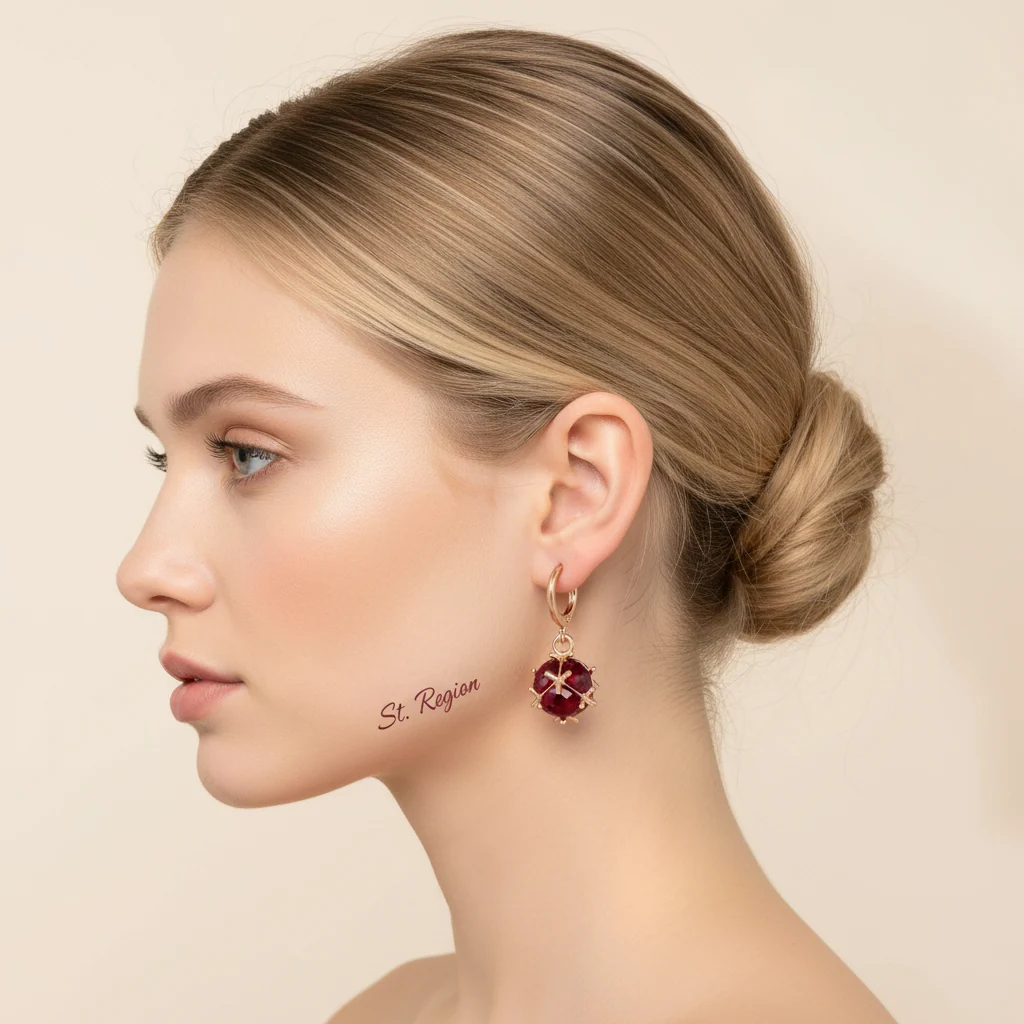 Red Crystal & Goldtone Ball Huggie Earrings - Image 5