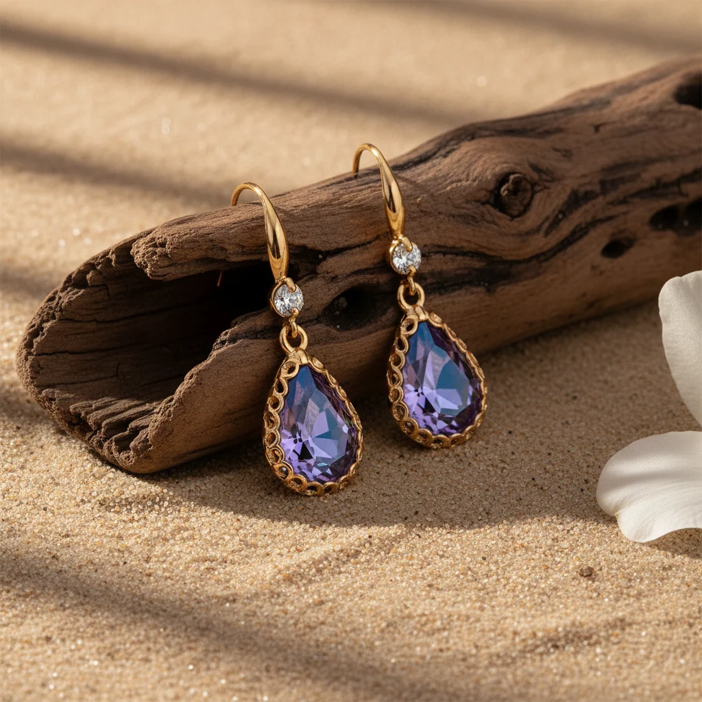 Purple Crystal & Cubic Zirconia Goldtone Teardrop Hook Earrings - Image 2