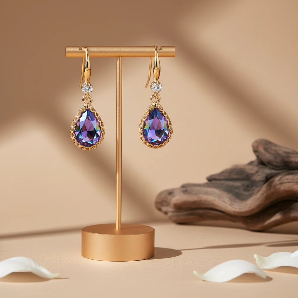 Purple Crystal & Cubic Zirconia Goldtone Teardrop Hook Earrings - Image 3