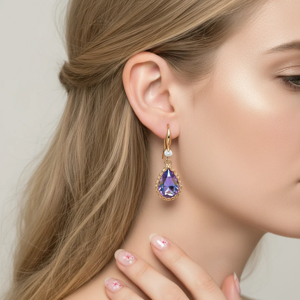 Purple Crystal & Cubic Zirconia Goldtone Teardrop Hook Earrings - Image 4