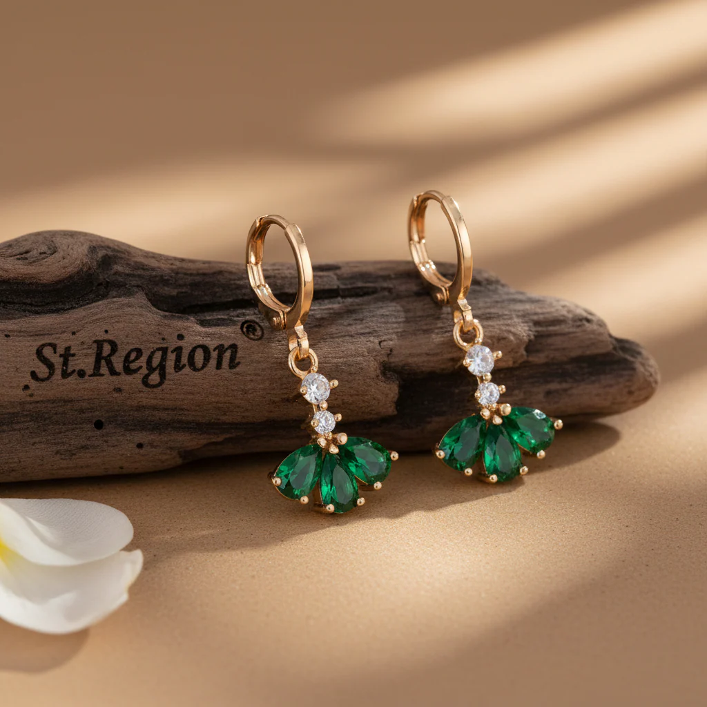 Emerald Crystal & Cubic Zirconia Goldtone Petals Huggie Earrings - Image 2