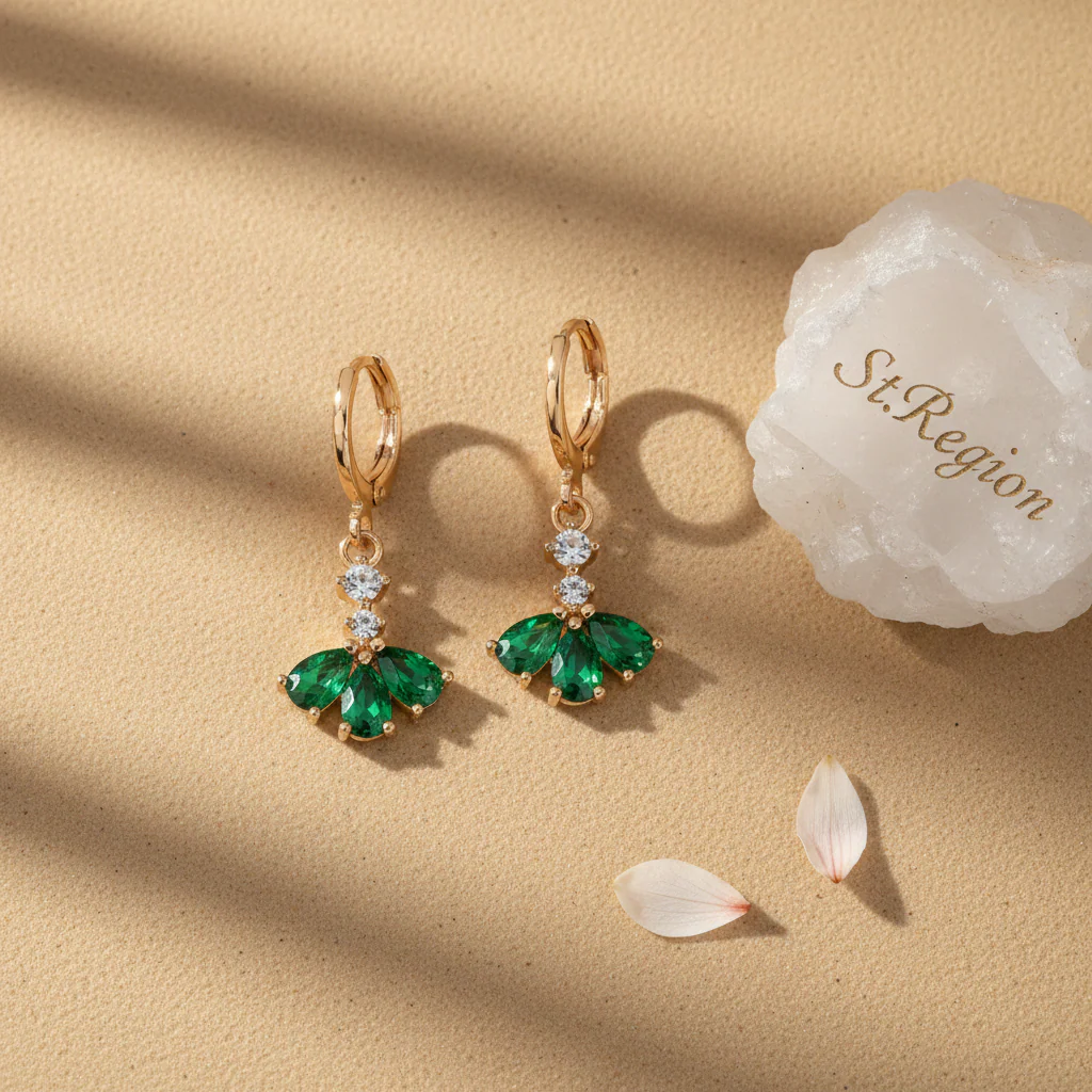Emerald Crystal & Cubic Zirconia Goldtone Petals Huggie Earrings - Image 3