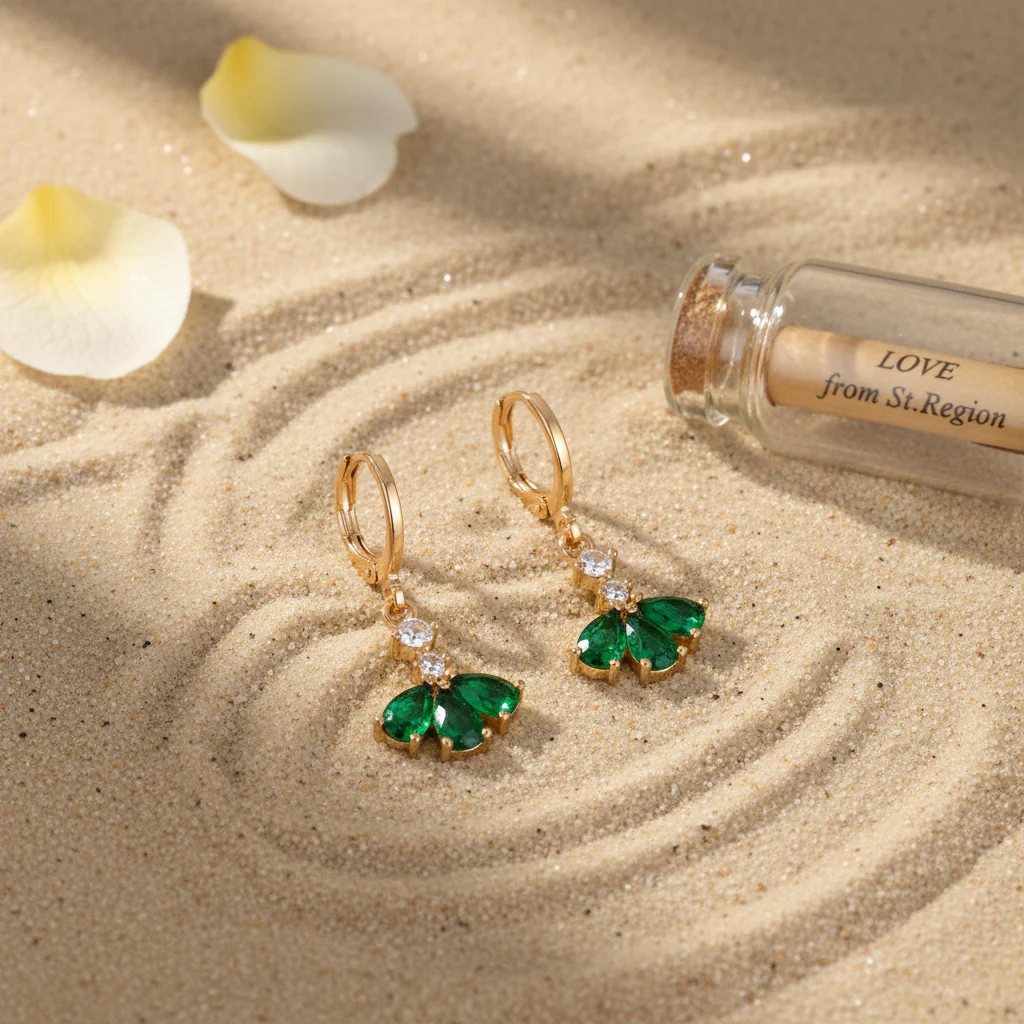 Emerald Crystal & Cubic Zirconia Goldtone Petals Huggie Earrings - Image 4