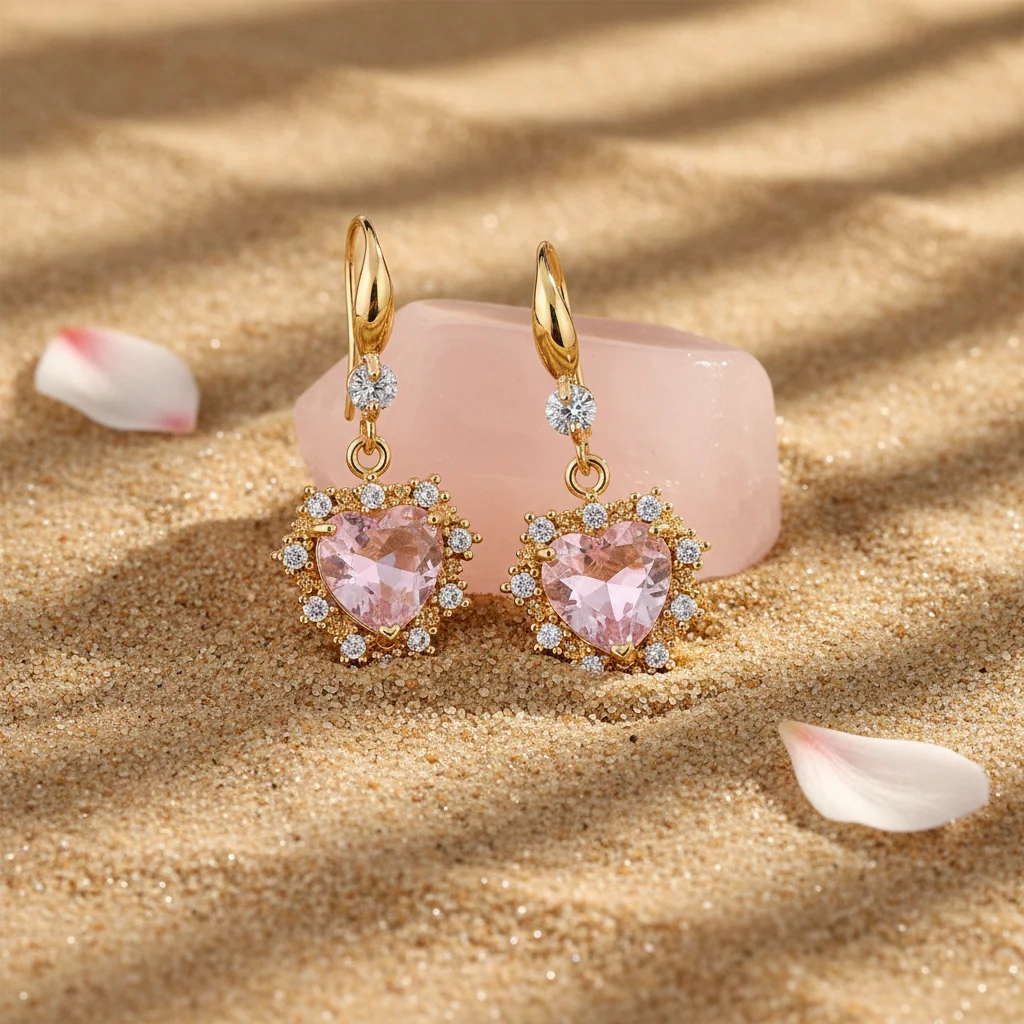 Pink Crystal & Cubic Zirconia Goldtone Heart Hook Earrings - Image 4