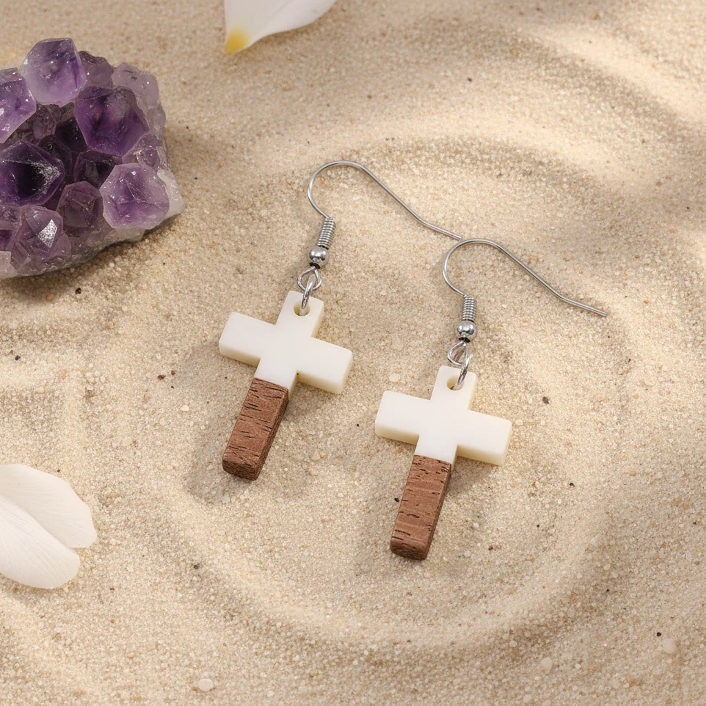 White Resin & Wood Silvertone Cross Hook Earrings - Image 4