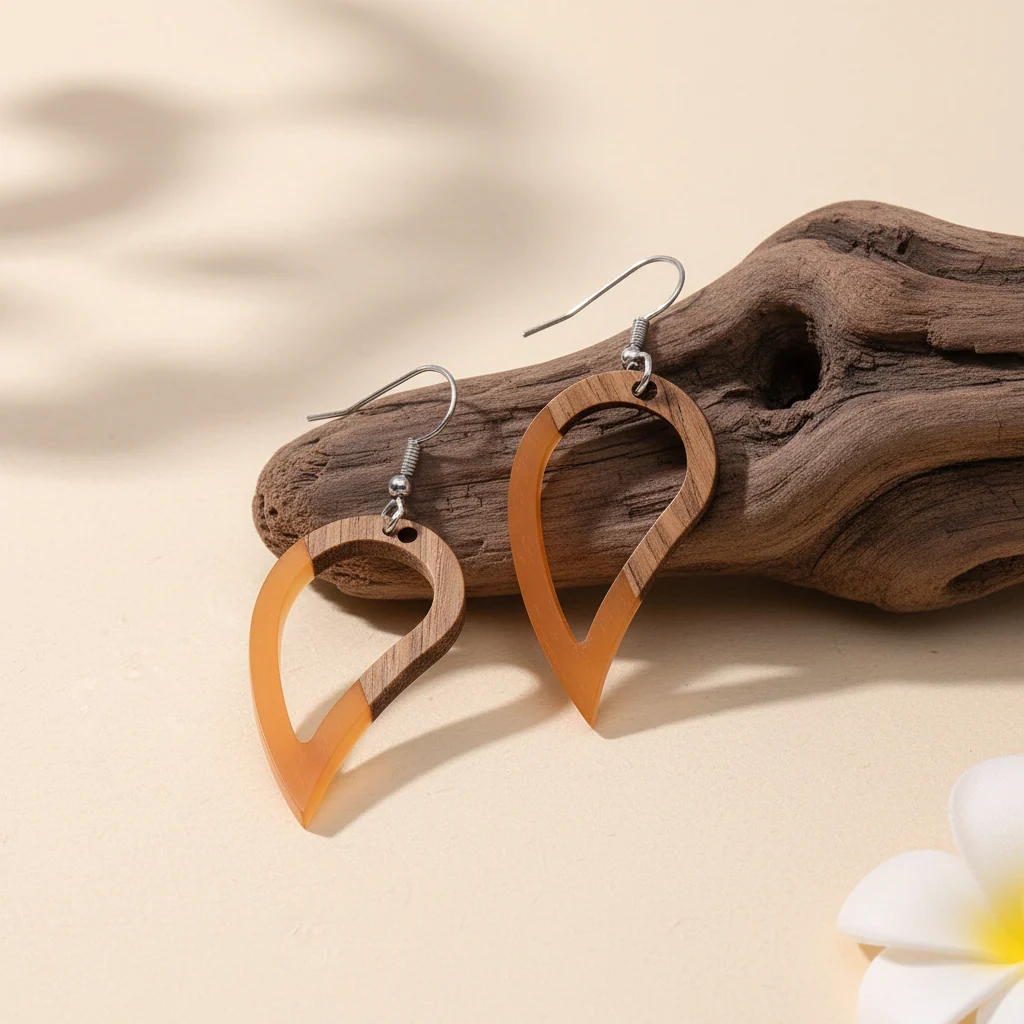 Orange Resin & Wood Silvertone Upside-Down Drop Hook Earrings - Image 3