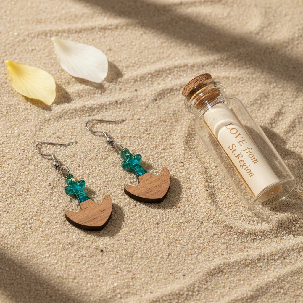 Green Resin & Wood Silvertone Anchor Hook Earrings - Image 2
