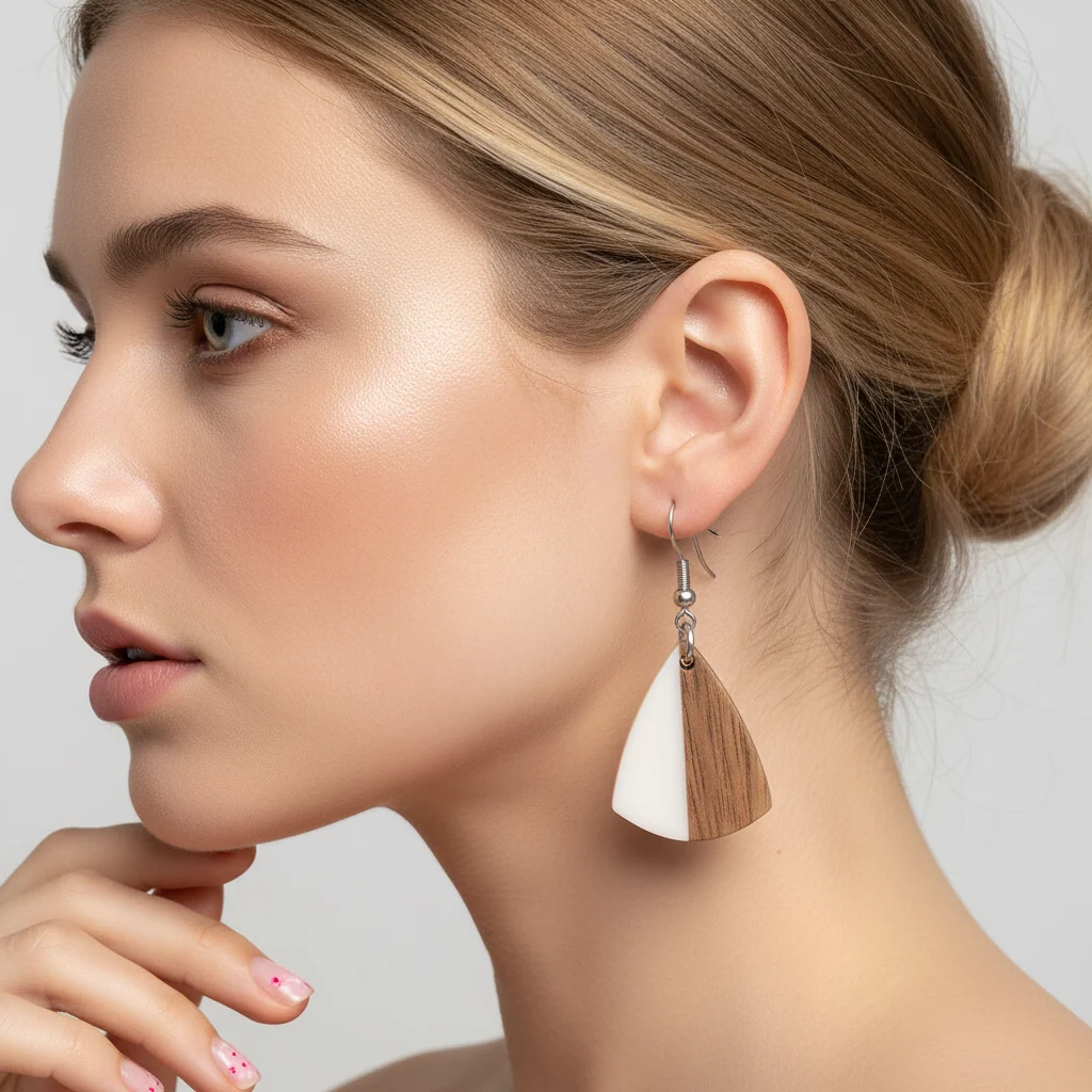 White Resin & Wood Silvertone Shield Hook Earrings - Image 5