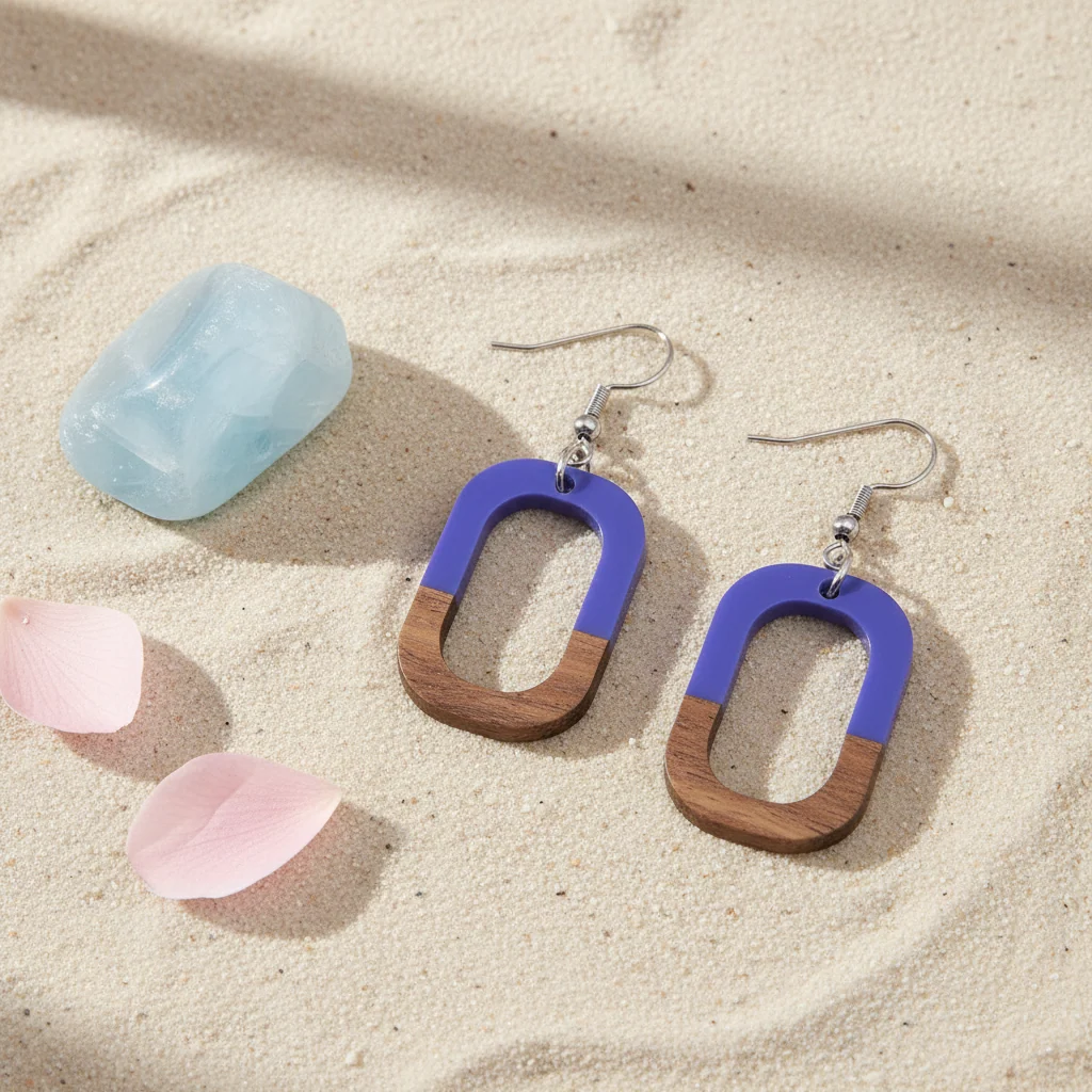 Purple Resin & Wood Silvertone Open Rectangle Hook Earrings - Image 4