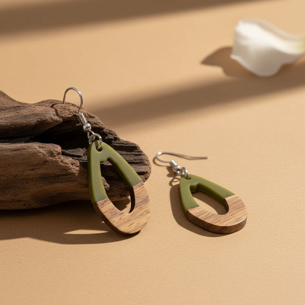 Green Resin & Wood Silvertone Open Irregular Oval Hook Earrings - Image 3
