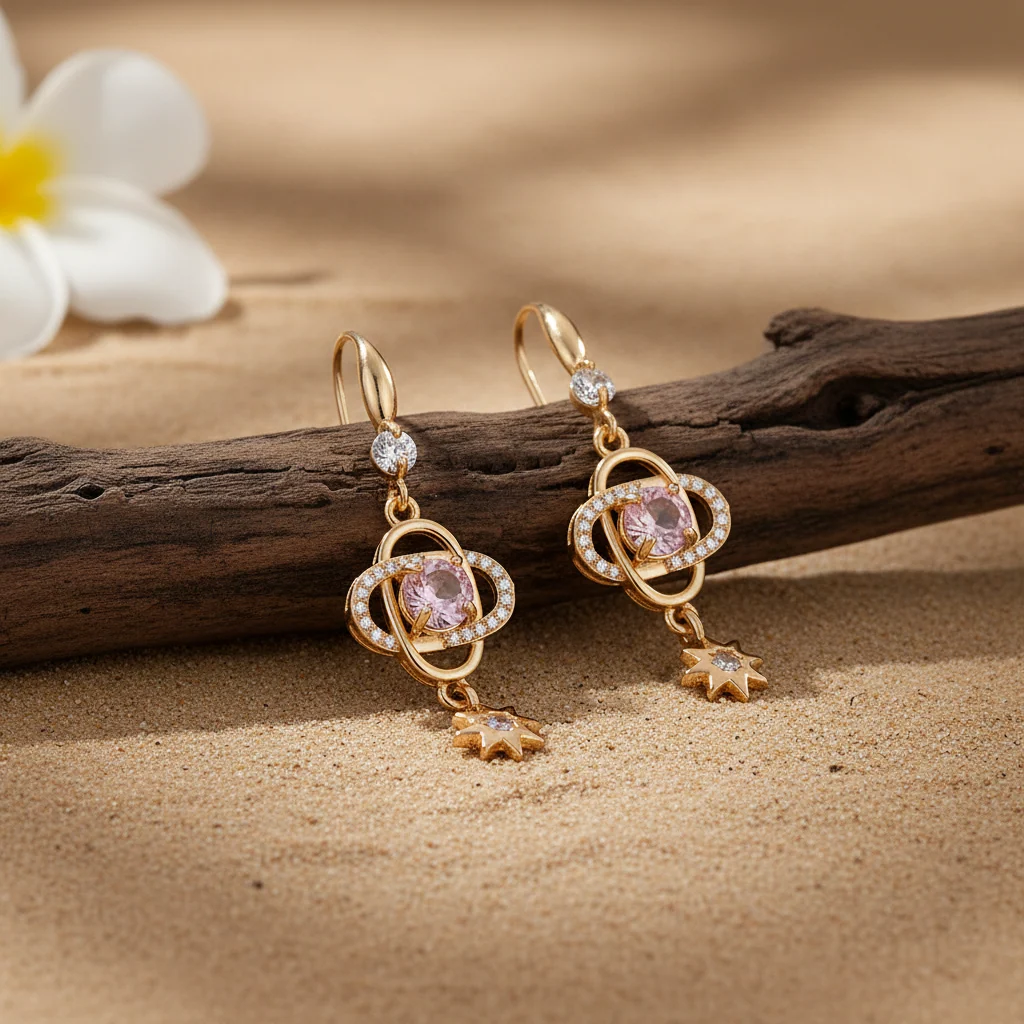 Pink Crystal & Cubic Zirconia Goldtone Planet Starburst Hook Earrings - Image 3