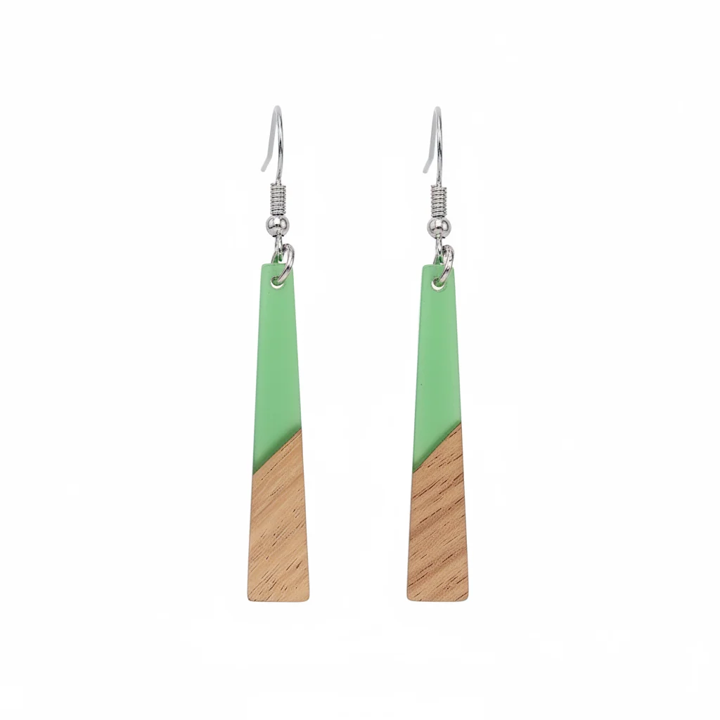 Green Resin & Wood Silvertone Elongated Trapezoid Hook Earrings