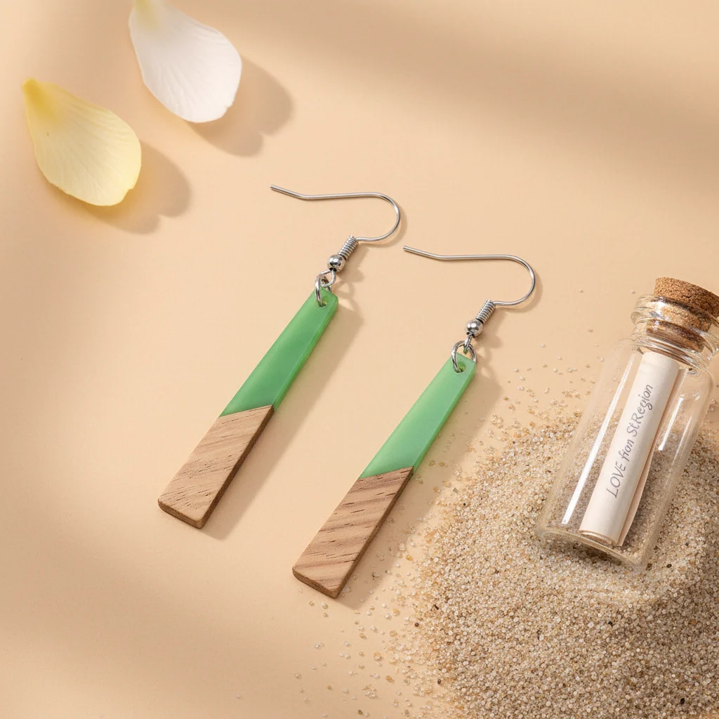 Green Resin & Wood Silvertone Elongated Trapezoid Hook Earrings - Image 2