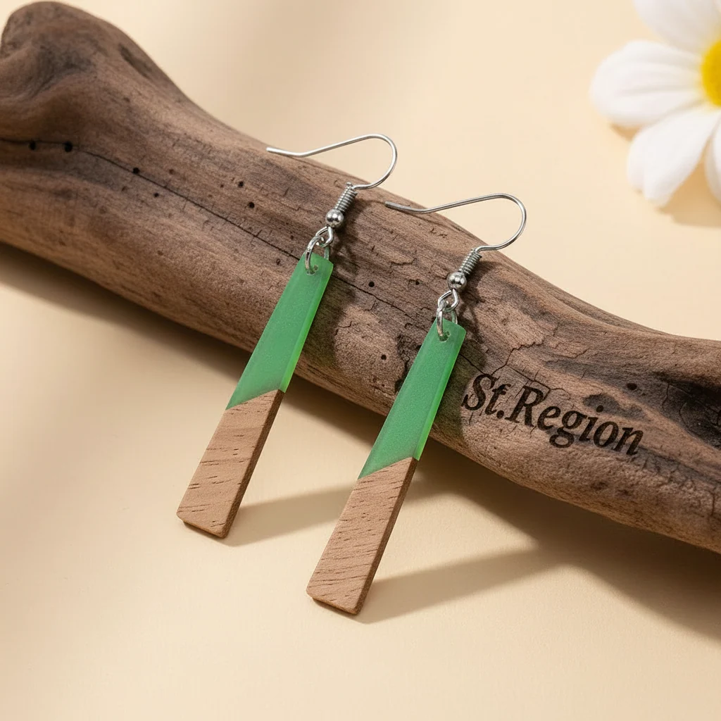 Green Resin & Wood Silvertone Elongated Trapezoid Hook Earrings - Image 3