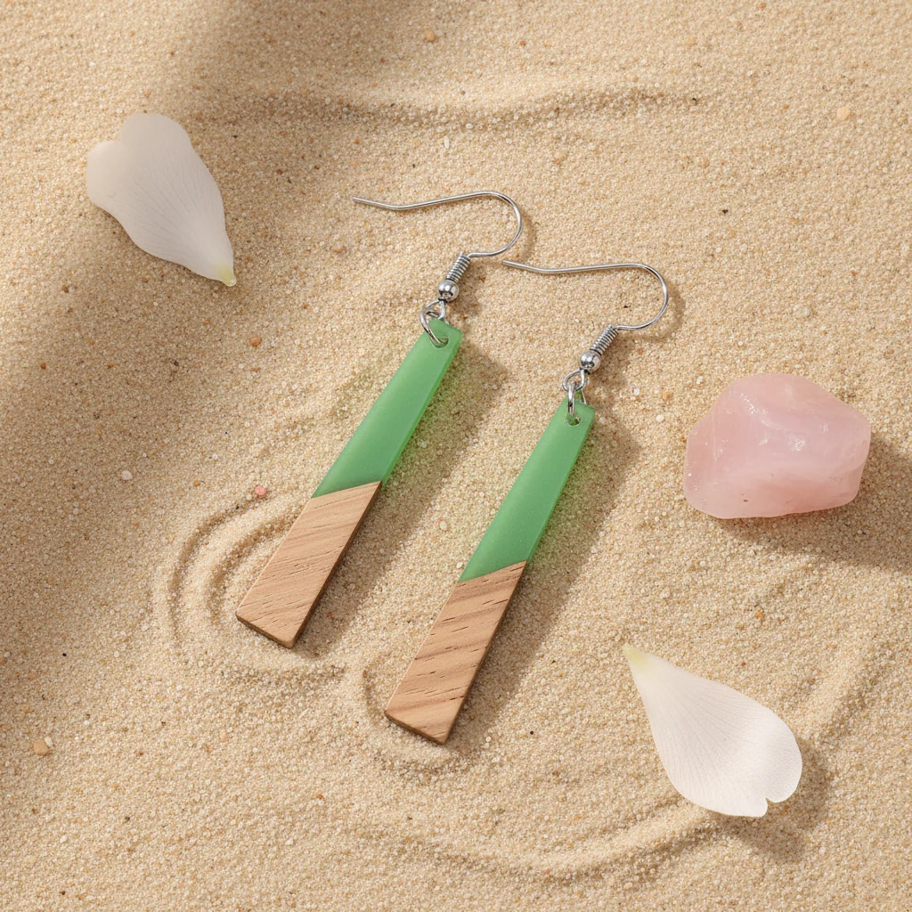 Green Resin & Wood Silvertone Elongated Trapezoid Hook Earrings - Image 4